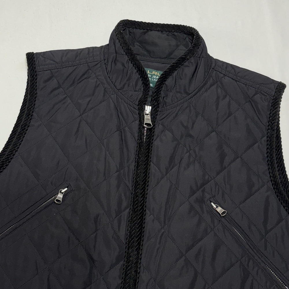 Lauren Ralph Lauren Quilted Vest Womens XL Black Corduroy Trim Equestrian Puffer